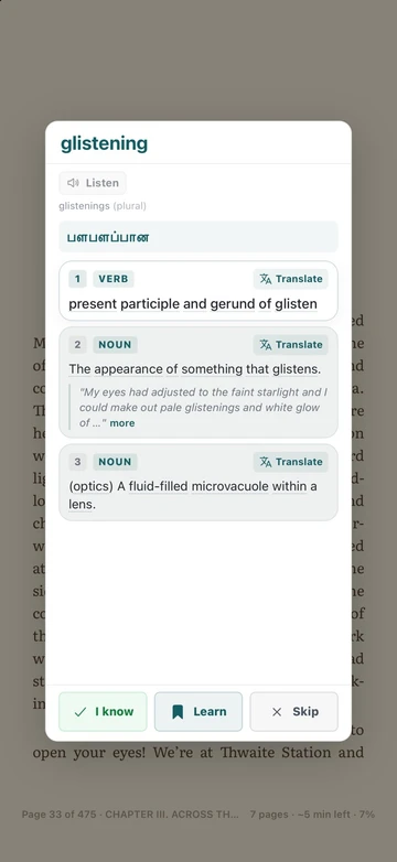 TeakReader showing the meaning of a word tapped in a book, with buttons to save it.