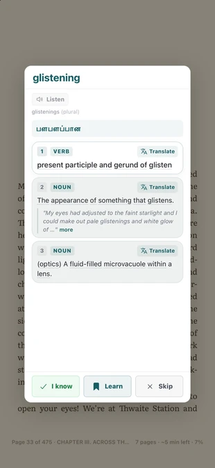 Dictionary popup for the word glistening inside TeakReader, with meanings, translation, and Learn button.