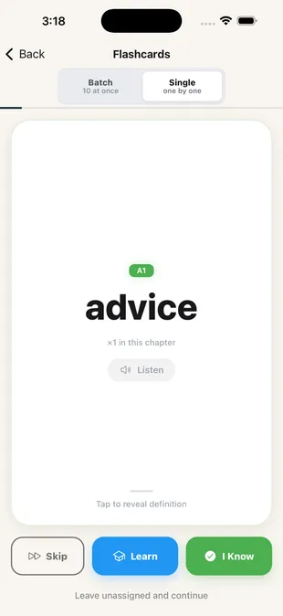 Single flashcard review for vocabulary from subtitles and reading in TeakReader.