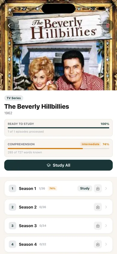 TV series comprehension and study screen in TeakReader.