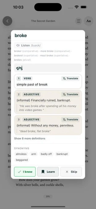 Built-in dictionary popup with definitions and vocabulary controls in TeakReader.